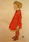 Egon Schiele Canvas Paintings - Little Girl with Blond Hair in a Red Dress